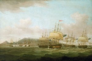Dobytí Saint Paul u ostrova Bourbon (dnes ostrov Réunion) britskou flotilou 21. září. od Thomas Whitcombe
