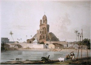 Pagoda Govindy Ram Mittee, Kalkata, deska V z „Oriental Scenery“, vydaná v roce 1800 (barevná akvatinta) od Thomas und William Daniell