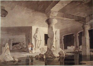 Část chrámu slonů, deska VIII z „Oriental Scenery“, vydaná 1800 (barevná akvatinta) od Thomas und William Daniell