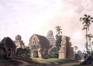 Sculptured Rocks v Mavalipuram na pobřeží Coromandel, deska I z části 3 hospody „Oriental Scenery“. 1799 (akvatinta) od Thomas und William Daniell