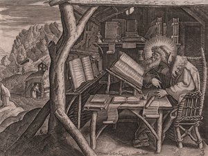Svatý Evagrius Ponticus ponořený do svých studií, leptů a vypalování od Thomase de Lieu (1560-1612)