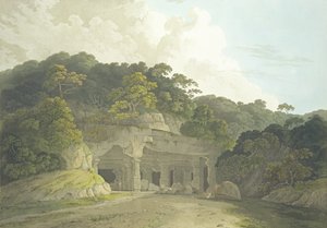 Vchod do jeskyně Elephanta, deska 58 z „Oriental Scenery: Twenty Four Views in Hindoostan“, vydaného roku 1800 od Thomas und William Daniell