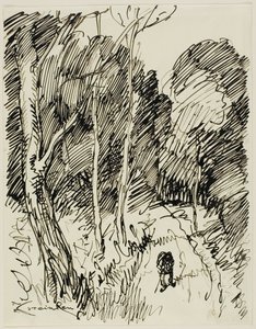 Zalesněná krajina s tulákem od Théophile Alexandre Pierre Steinlen