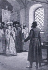 Boris Godunov v důchodu v klášteře prosil o přijetí svého zvolení carem, ilustrace z Landmarks in European History vydané nakladatelstvím Gresham Publishing Co, kolem roku 1920 (litho) od Thure de Thulstrup