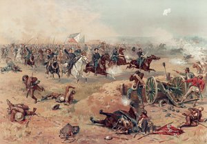Sheridans Final Charge ve Winchesteru, hospoda. :. Prang & Co., 1886 (barevná litografie) od Thure de Thulstrup