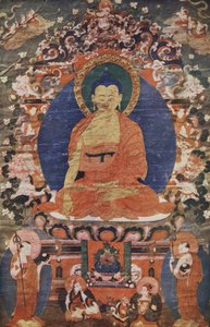 Obraz Tibetského chrámu trůnícího Buddhy, 18. století, reprodukovaný v The Outline of History: being a plain history of life and people by H.G. Wells, London od Tibetan School
