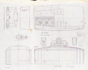 Kresba designu pro středovou část expozice Tiffany & Co. a dva třísvětelné svícny, vyrobené pro světovou výstavu v roce 1939, kolem roku 1939 (inkoust na papíře) od Tiffany and Company