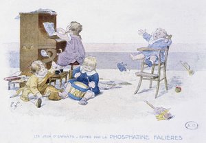 Dětské hry: děti hrají na různé hudební nástroje - dess. de Lobrichon, ed. od Phosphatine Falières, v.1920 od Timoleon Marie Lobrichon