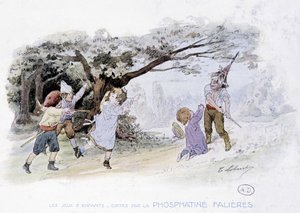 Dětské hry: děti hrají válku, vojáci - dess. de Lobrichon, ed. od Phosphatine Falières, v.1920