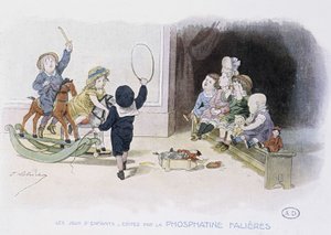 Dětské hry: děti s různými hračkami (obruč, houpací kůň, panenky...) - dess. de Lobrichon, ed. od Phosphatine Falieres, v.1920 od Timoleon Marie Lobrichon