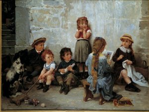 Napínavá pasáž Děti poslouchají knihu. Obraz Timoleona Lobrichona (1831-1914) 19. století. Soukromá sbírka