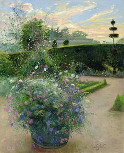 White Daisies Against the Sweetpea Trellis (olej na plátně) od Timothy Easton