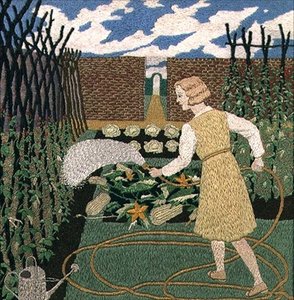 Žena zalévá zahradu (vyšívání) od Tirzah Ravilious