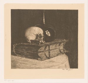 Zátiší s lebkou a biblí od Titia Heukers (signed by artist)
