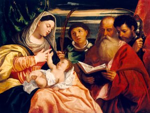 Madonna a dítě se svatými Štěpánem, Jeronýmem a Mauricem (olej na plátně)