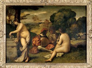 Koncert kapely Muzikanti v trávě, dvě ženy jsou nahé, jedna si naplnila džbán vodou ve fontáně. Obraz připisovaný Tiziano Vecellio dit le Titian (1485-1576) nebo Giorgio da Castelfranco dit Giorgione (1476/1478-1510) Sun. 1,05 x 1