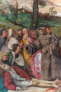 Svatý Antonín znovu připojuje nohu k mladému muži, škola svatého, detail 2197268 (freska) od Titian (c.1488 1576)