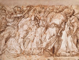 Studie skupiny apoštolů v kostele Nanebevzetí bratrů v Benátkách, Tiziano Vecellio (asi 1490-1576), kresba perem a tuší od Titian (c.1488 1576)