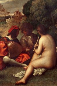 Koncert kapely Muzikanti na trávě, ženy jsou nahé. Detail. Obraz připisovaný Tiziano Vecellio dit le Titian (1485-1576) nebo Giorgio da Castelfranco dit Giorgione (1476/1478-1510) Sun. 1,05 X 1,36 m Paříž, musee du Louvre