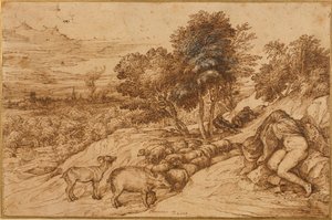 Lesnatá krajina s nahou ženou s hlavou zakrytou pláštěm (pero a hnědý inkoust na krémovém papíře) od Titian (c.1488 1576)