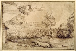 Krajina: kůň bez jezdce pronásledovaný hadem (pero a hnědý inkoust na smetanově zbarveném papíře) od Titian (c.1488 1576)