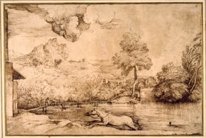 Krajina: kůň bez jezdce pronásledovaný hadem (pero a hnědý inkoust na krémovém papíře) od Titian (c.1488 1576)