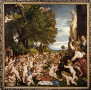 Offrande a Venus Malí amours (angeloti) se scházejí, aby vzdali hold bohyni Afroditě - obraz Tiziana Vecellia zvaného Tizian (1485-1576) 1518 Slunce. 1,72 X 1,75 m Madrid musee du Prado - Uctívání Venuše - Obraz Tiziana Vecellia zvaný Sýkora od Tiziano Vecelli