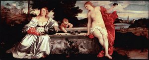 Posvátná láska a světská láska Obraz Tiziana Vecellia zvaný Tizian (1490-1576) 1515 cca. Slunce. 118x279 cm Řím, Galleria Borghese - Posvátná a profánní láska - Obraz Tiziana Vecellia, zvaného Tizian (asi 1488-1576), olej na plátně, ca. 1515 (118x279 od Tiziano Vecelli