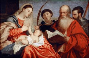 Panna a dítě se svatými Štěpánem, Jeronýmem a Mauricem - Tizianem (1488-1576). Olej na dřevě, c. 1520. Rozměr : 92,7x138 cm. Uměleckohistorické muzeum, Vienne od Titian (c.1488 1576)