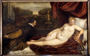 Koncert Un woman nude lie en pres un homme hra na varhany. Obraz Tiziana Vecellia zvaný Tizian (1485-1576)