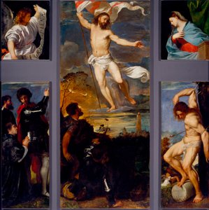 Vzkříšení „“ Panna““, „“ Svatý Šebestián“““ a sponzoři. Panely Averoldiho polyptychu. Malba na dřevě od Tiziana Vecellia zvaného Tizian (asi 1490-1576) Brescia 16. století, kostel svatých Nazzaro a Celso od Titian (c.1488 1576)