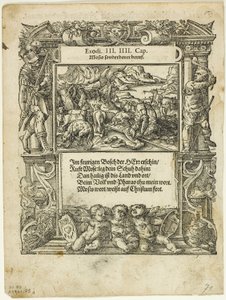 Mojžíš a hořící keř (recto) a Nemluvně Mojžíš vložený do řeky (verso) z Neue künstliche Figuren biblischer Historien, deska 55 z Dřevoryty z knih XVI. století od Tobias Stimmer