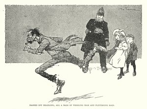 Bezhlavě uháněl, celá masa vířících vlasů a vlajících hadrů (litho) od Tom Browne