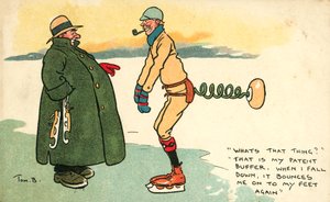 Muž se zařízením pro jeho vrácení na nohy, pokud upadne při bruslení (barevné lito) od Tom Browne