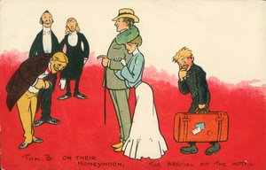 Na svatební cestě, příjezd do hotelu (barevná litografie) od Tom Browne