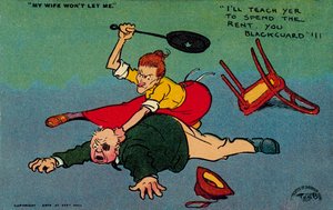 Žena bije svého manžela za utrácení nájemného (barevná litografie)