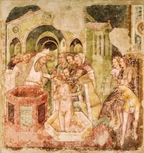 Legenda o svaté Uršule: Křest prince z Anglie, od Tommaso da Modena (1326-1379), freska, kostel Santa Caterina, Treviso