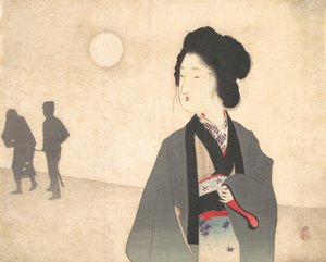 Mladá žena se dívá na siluetu mužského vězně vedeného pryč, počátek 20. století. od Tomioka Eisen