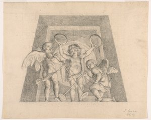 Tři putti s tamburínami a trubkami, Design pro Lunetu ze Sala delle Muse, Museo Pio-Clementino, Vatikán od Tommaso Maria Conca