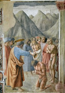 Svatý Petr křtí neofyty (St Peter Baptiing the Neophytes) Freska od Masaccia (Tommaso di ser Giovanni di Mone Cassai) (1401-1428) 1425-1427 Rozměr 229,9x161,9 cm Florencie Kostel Santa Maria del Carmine, Branca od Tommaso Masaccio