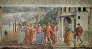 Pocta Peníze - Le paiement du tribut (Pocta) - Freska od Tommasa di ser Giovanni di Mone Cassai dit Masaccio (1401-1428), 254,5x598,3 cm