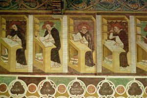Čtyři dominikánští mniši u svých stolů, z cyklu „Čtyřicet slavných členů dominikánského řádu“, v Kapitule, 1342