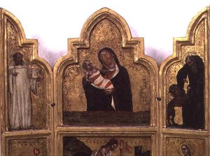 Madona s dítětem se svatým Benediktem a svatým Jeronýmem, horní polovina triptychu (viz také 78652) od Tommaso da Modena Barisino or Rabisino