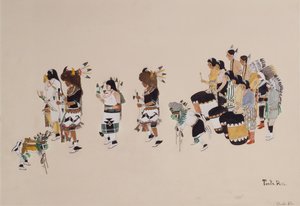 Buffalo Dance Chorus, cca 1930-39 (tempera na palubě)