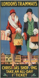 „Vánoční nákupy, vezměte si celodenní 1 lístek“, plakát LCC Tramways London County Council, 1926 od Tony Castle