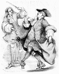 Moliere: Jourdain tančí pod vedením svého hudebního mistra. Rytina Tonyho Johannota ve vydání kompletního díla, Paulin 1836.