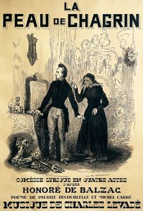 Plakát k Le peau de chagrin, komická opera, libreto Pierre Decourcelle a Michel Carre, hudba Charles Levade, z románu Honore De Balzaca, Kresba Tonyho Johannota od Tony Johannot