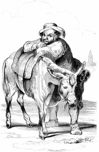 Sancho Panza (Panca), panoš Dona Quijota (Quijote, Quijote) a jeho osel. Ilustrace Cervantesova románu vydaného ve Francii roku 1845 nakladatelstvím Dubochet  Cie, překlad Louis Viardot, rytiny ony Johannot.
