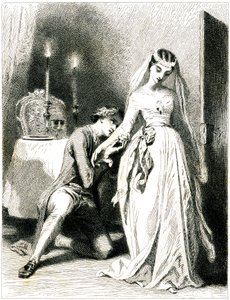 Vzdychající milenec klečící u nohou své krásné zasnoubenky v interiéru osvětleném svíčkami - dívka v romantických šatech a účesu - rytina (lept 1845) od Tony Johannot (Antoine Johannot dit od Tony Johannot