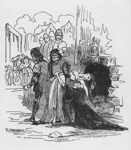 Vojáci odvlékají vězeňkyni, ilustrace k „Hrbáč z Notre Dame“ od Victora Huga (1802-85) (xylograf)
